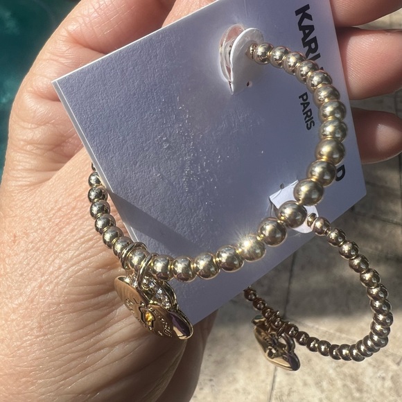 KARL LAGERFELD PARIS Gold-Tone Logo & Pavé Heart Padlock Charm Beaded C-Hoop - Picture 12 of 14